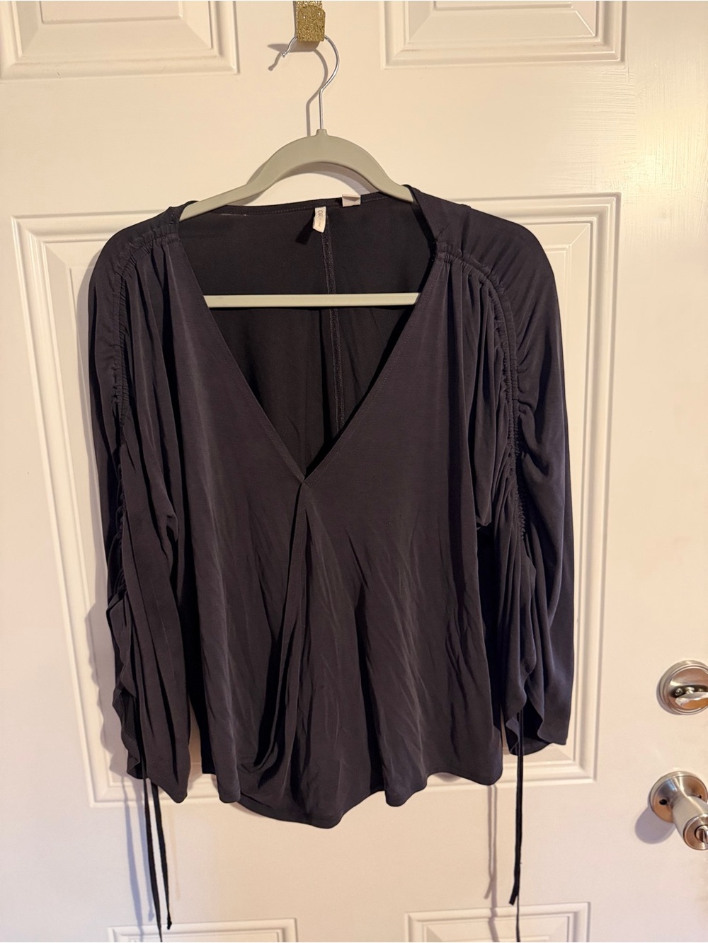 Cato Black V-Neck Long Sleeve Blouse with Drawstring Detail